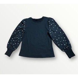 Boston Proper Top Womens Size XS Black Pearl Beaded Balloon Sleeve Shoulder Pads